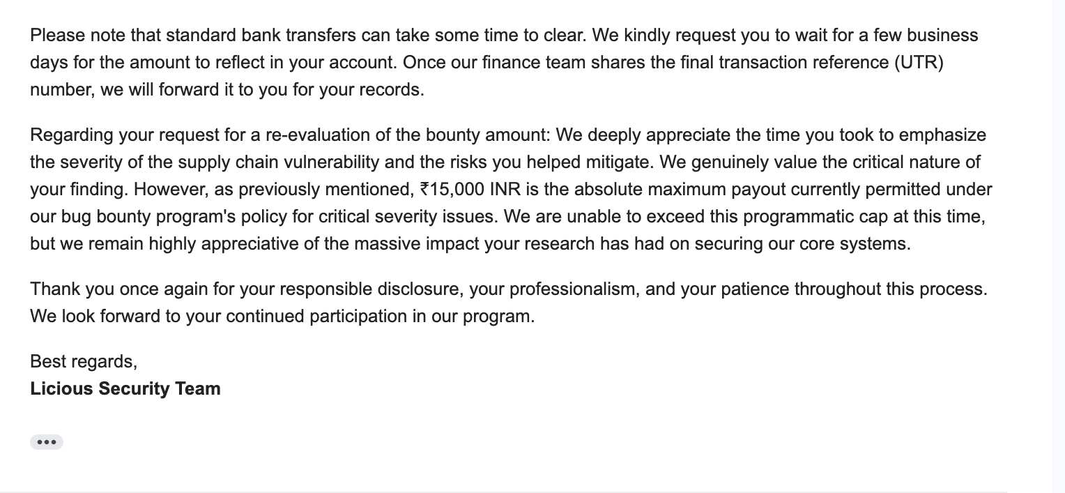 Redacted Licious response describing the bounty cap and supply-chain impact