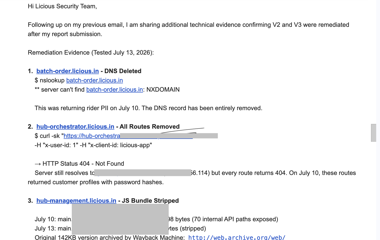 Redacted remediation evidence showing DNS, HTTP, and JavaScript bundle changes
