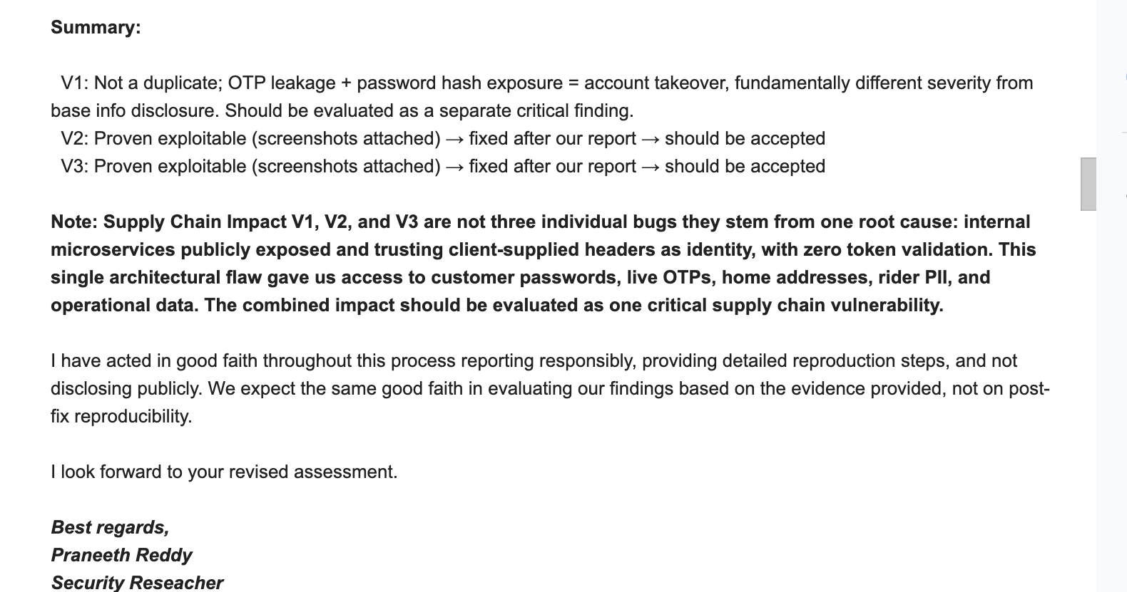 Redacted researcher summary describing the combined supply-chain impact