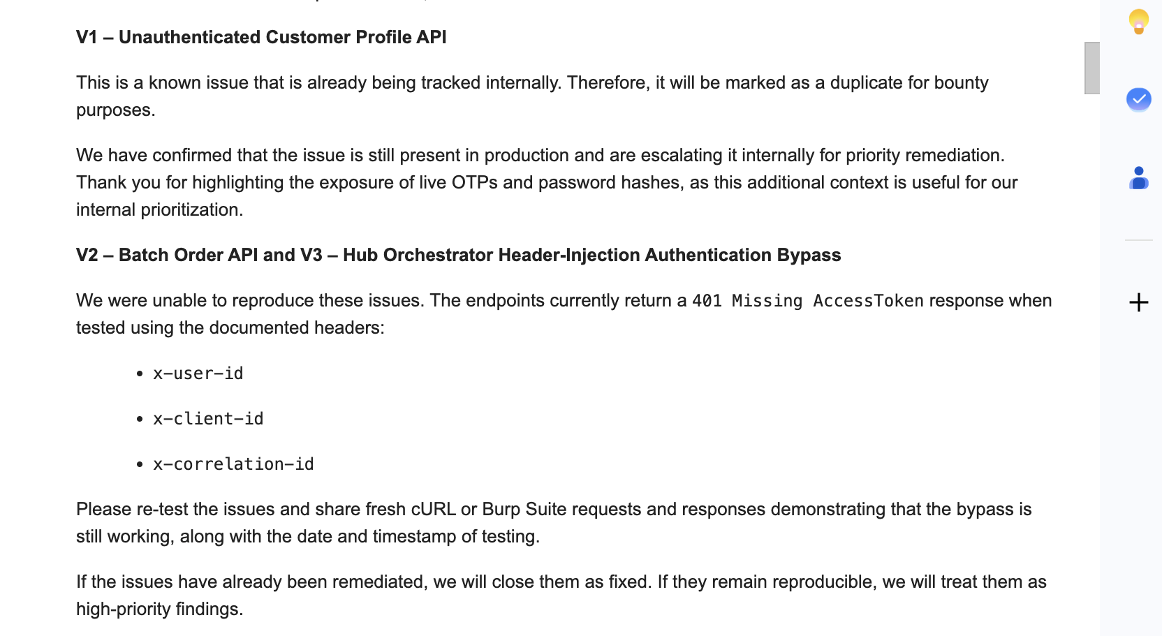 Licious security response calling V1 a duplicate and V2 and V3 not reproducible